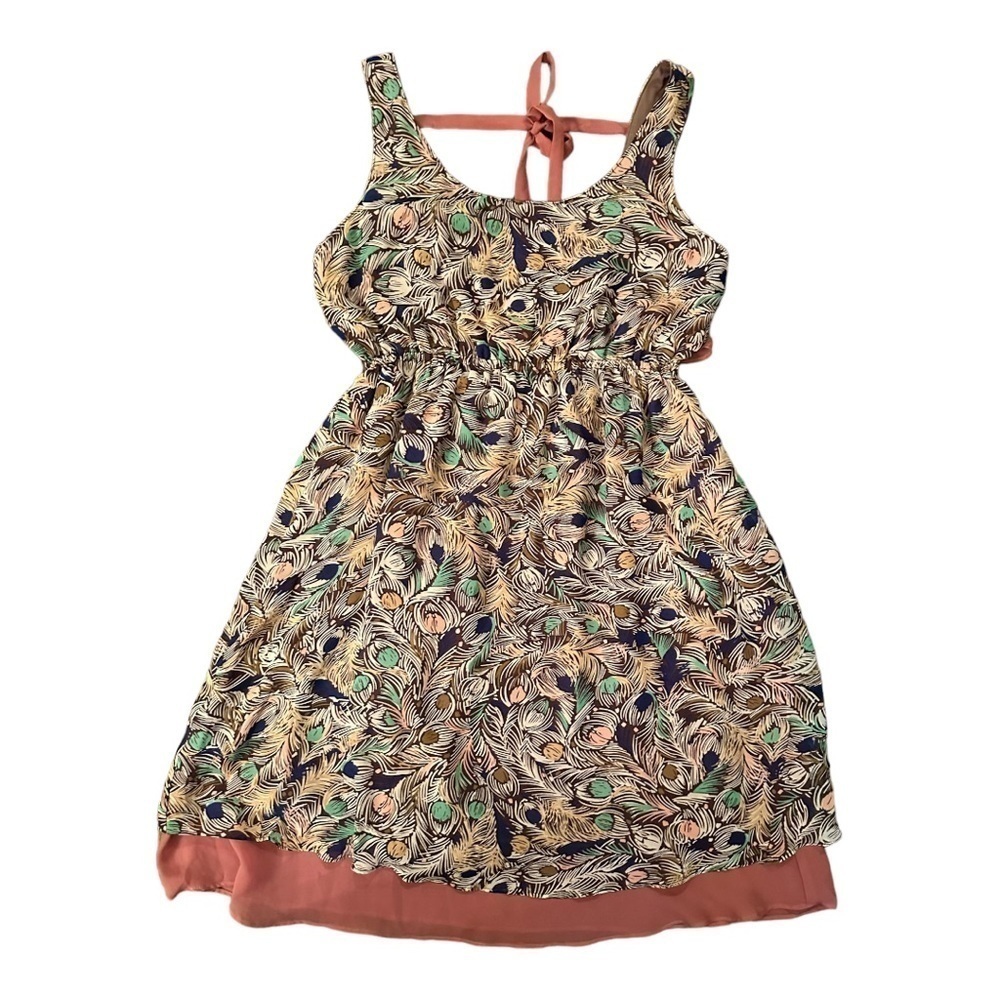 Judith March Ruffle Drape Tie Back Brown Blue Feather Print Dress Size Medium